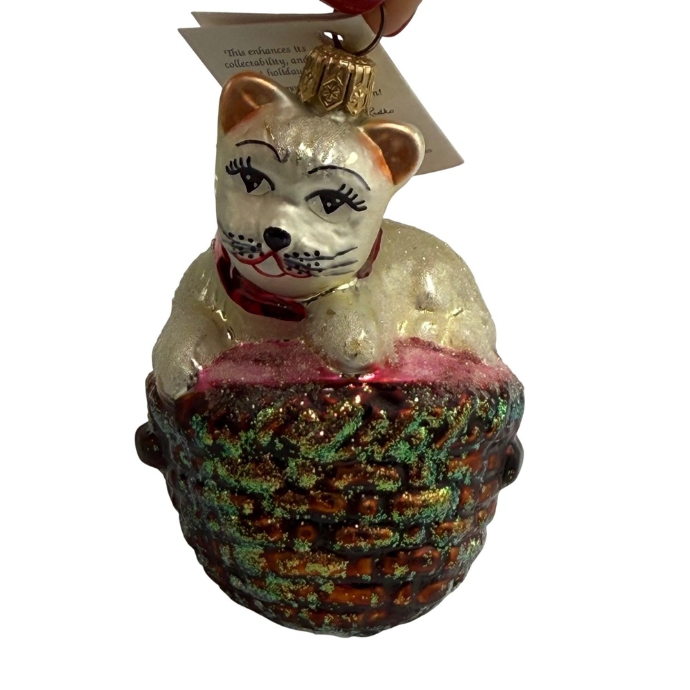 Christopher Radko Kitten Caboodle Glass Cat in Basket Christmas Ornament